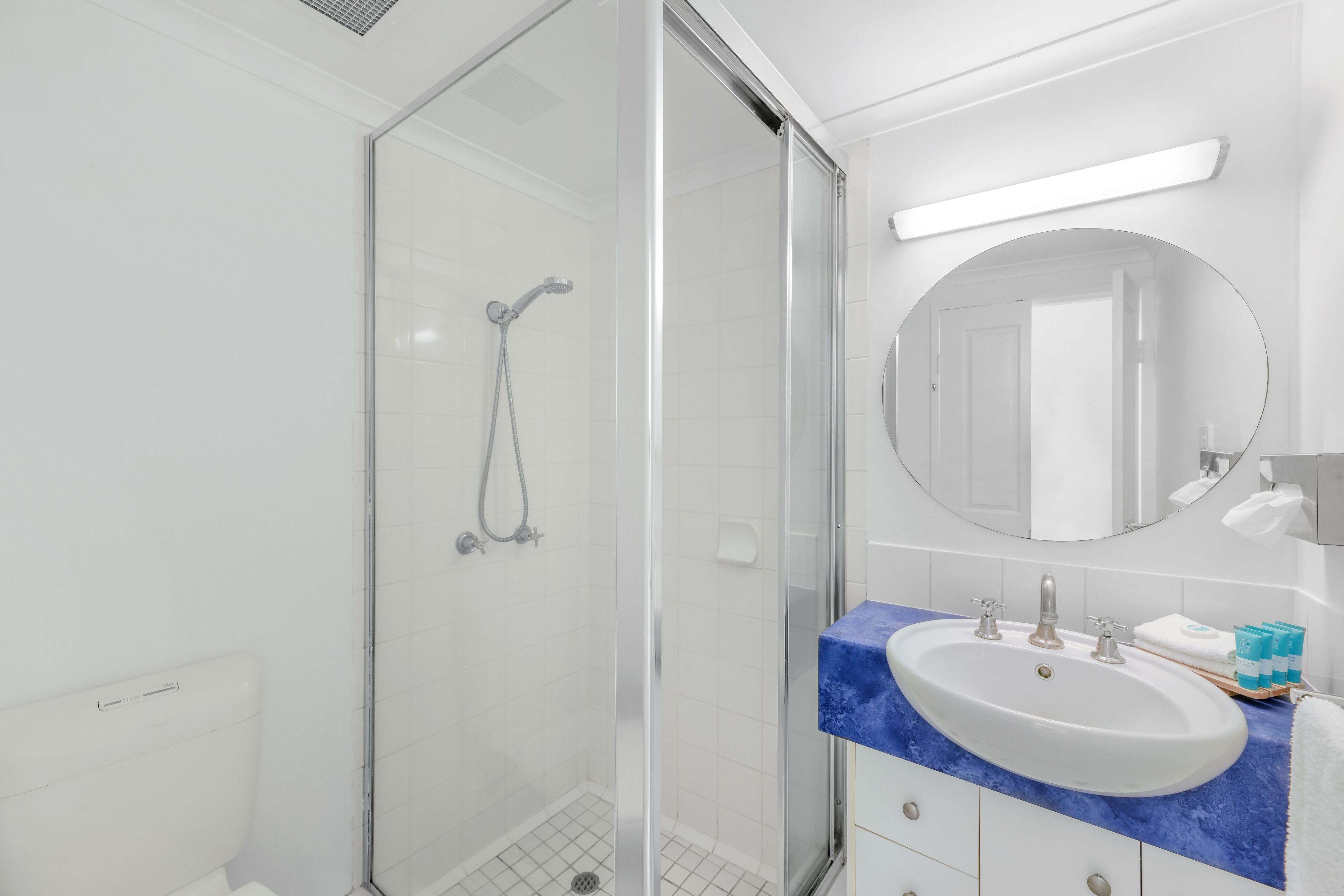 classic ocean view studio | bathroom | shower, free toiletries, hair dryer, towels