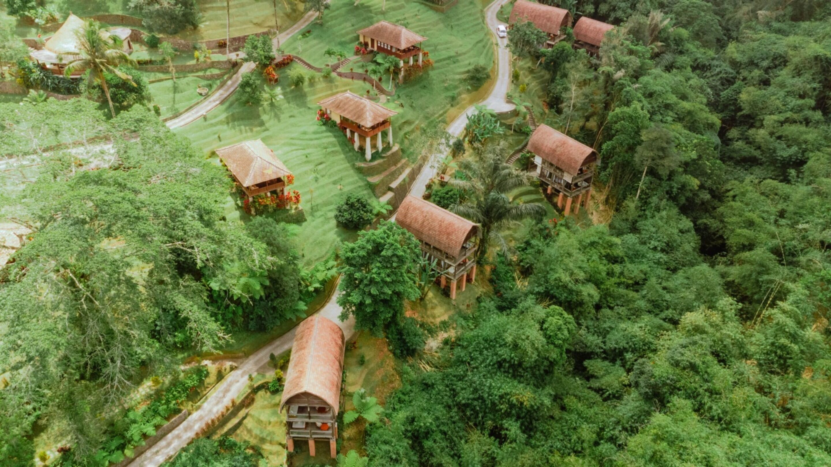 Eine Luftaufnahme eines Resorts mit mehreren bungalowartigen Gebäuden, umgeben von üppiger Vegetation und terrassierten Feldern.