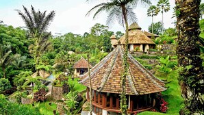 Ein Gebäude im traditionellen Stil mit einem strohgedeckten Dach, umgeben von üppiger Vegetation und Palmen.