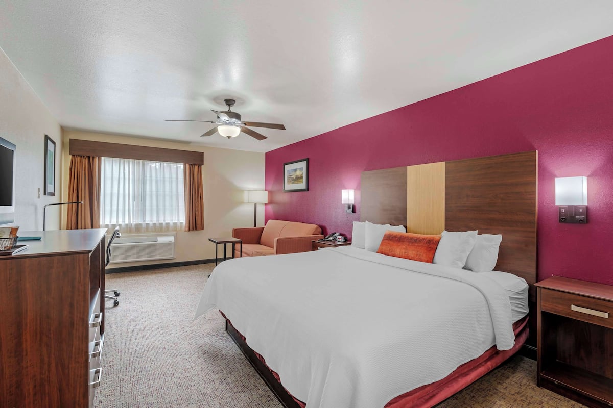 A hotel room with a large bed, a desk, a chair, a ceiling fan, and a window with curtains.