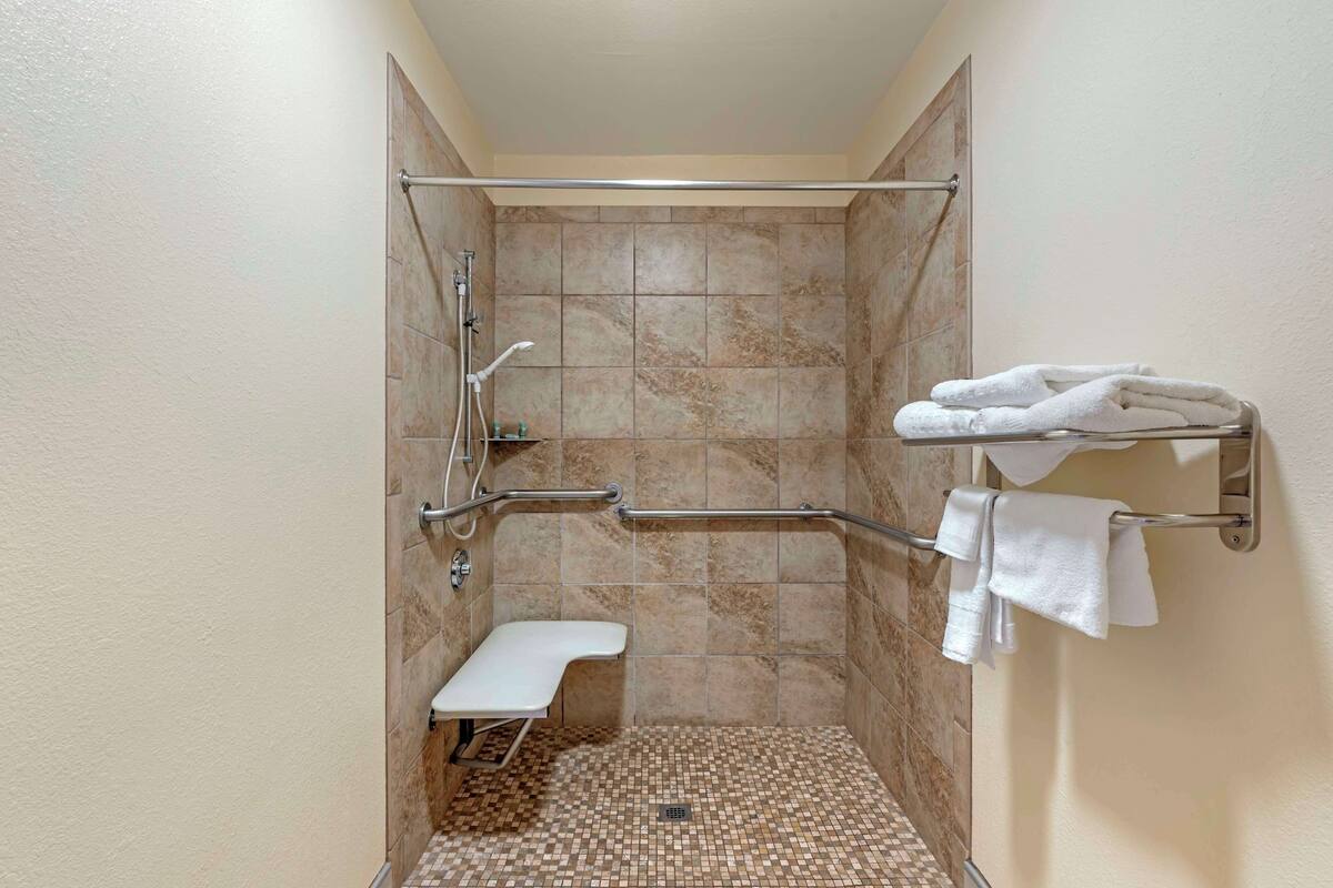 combined shower/bathtub, free toiletries, hair dryer, towels
