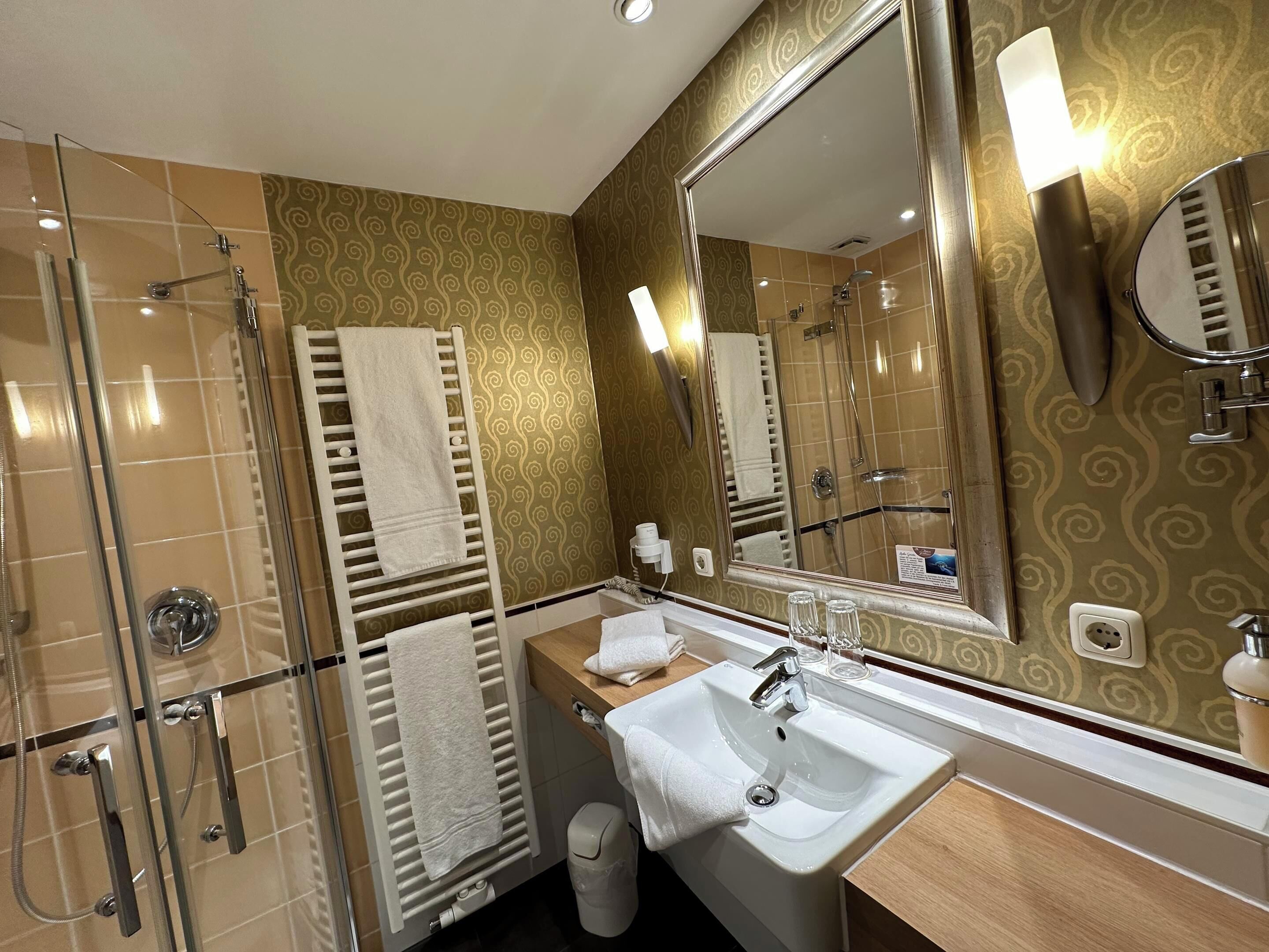 Une salle de bain avec une douche à parois de verre, un lavabo et un grand miroir.