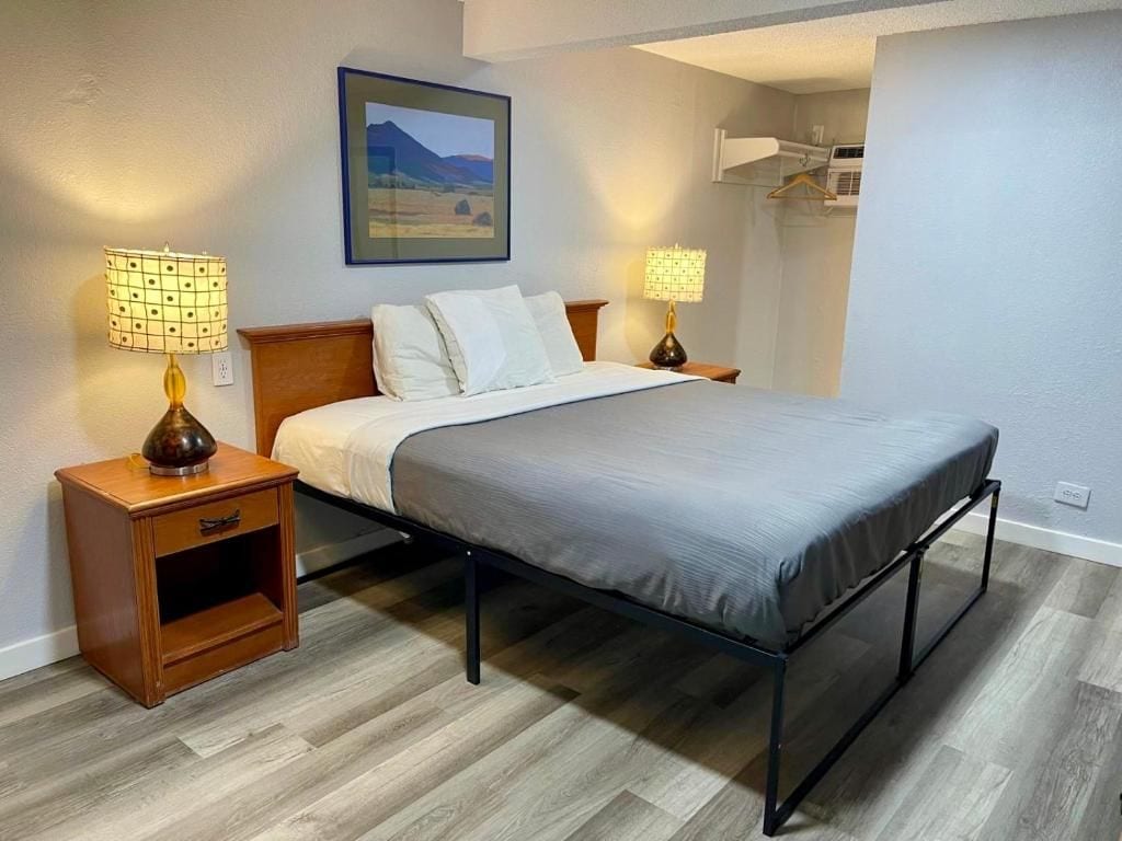 Quarto com cama, duas mesas de cabeceira, um quadro na parede e um ventilador de teto.
