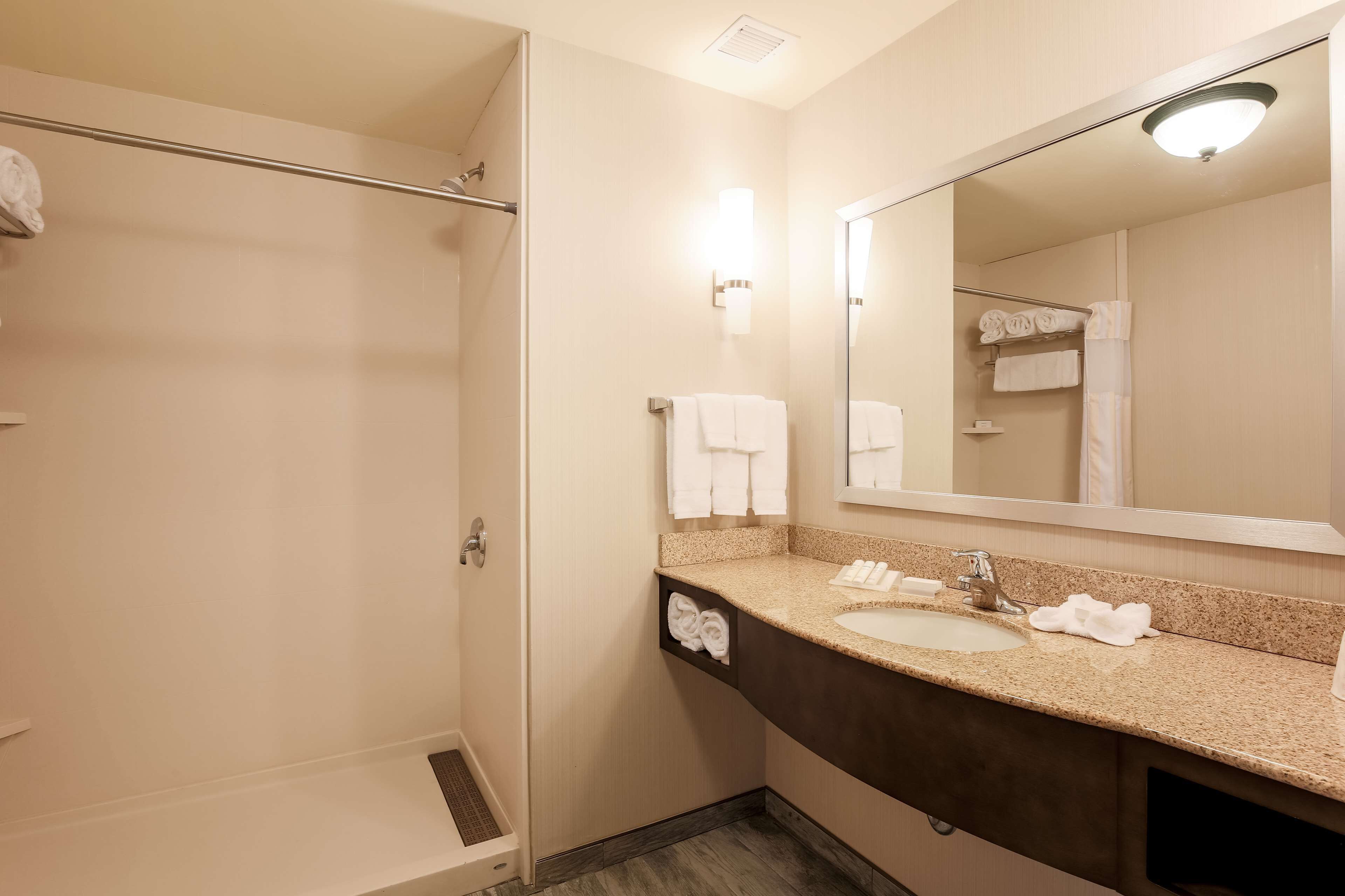 Un baño de hotel con ducha, lavabo, espejo y toallas.