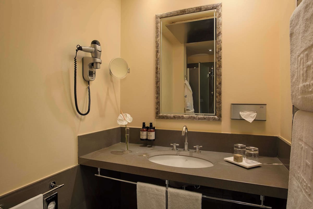 bathtub, eco-friendly toiletries, hair dryer, bidet