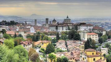 A panoramic view of a historic city with a prominent church and tower, surrounded by residential buildings and lush greenery.