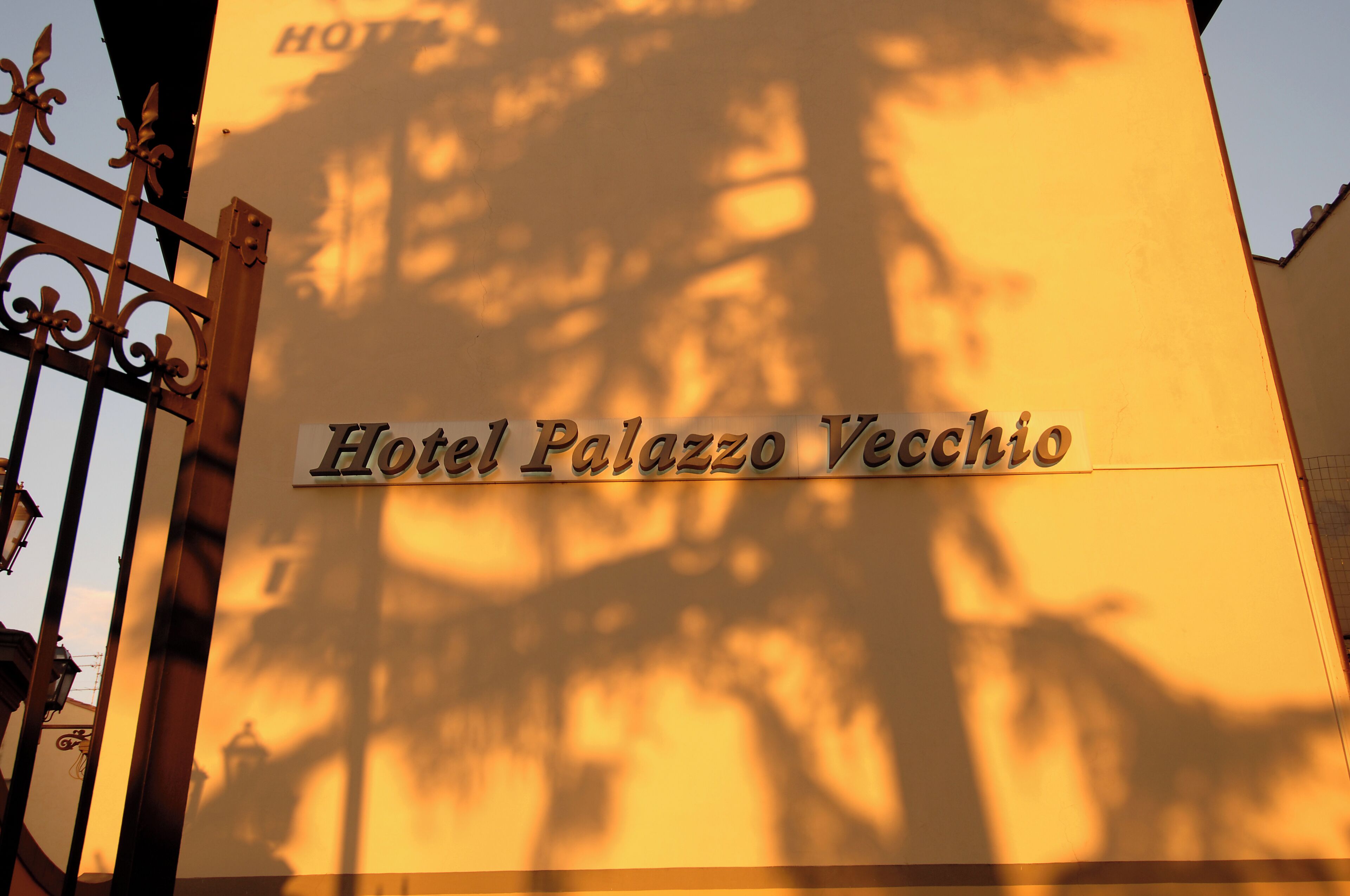 A sign for Hotel Palazzo Vecchio with a shadow of trees in the background.