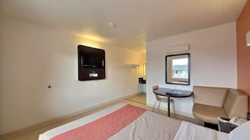 Desk, laptop workspace, blackout drapes, free WiFi