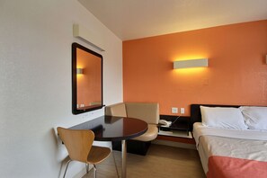 Desk, laptop workspace, blackout drapes, free WiFi
