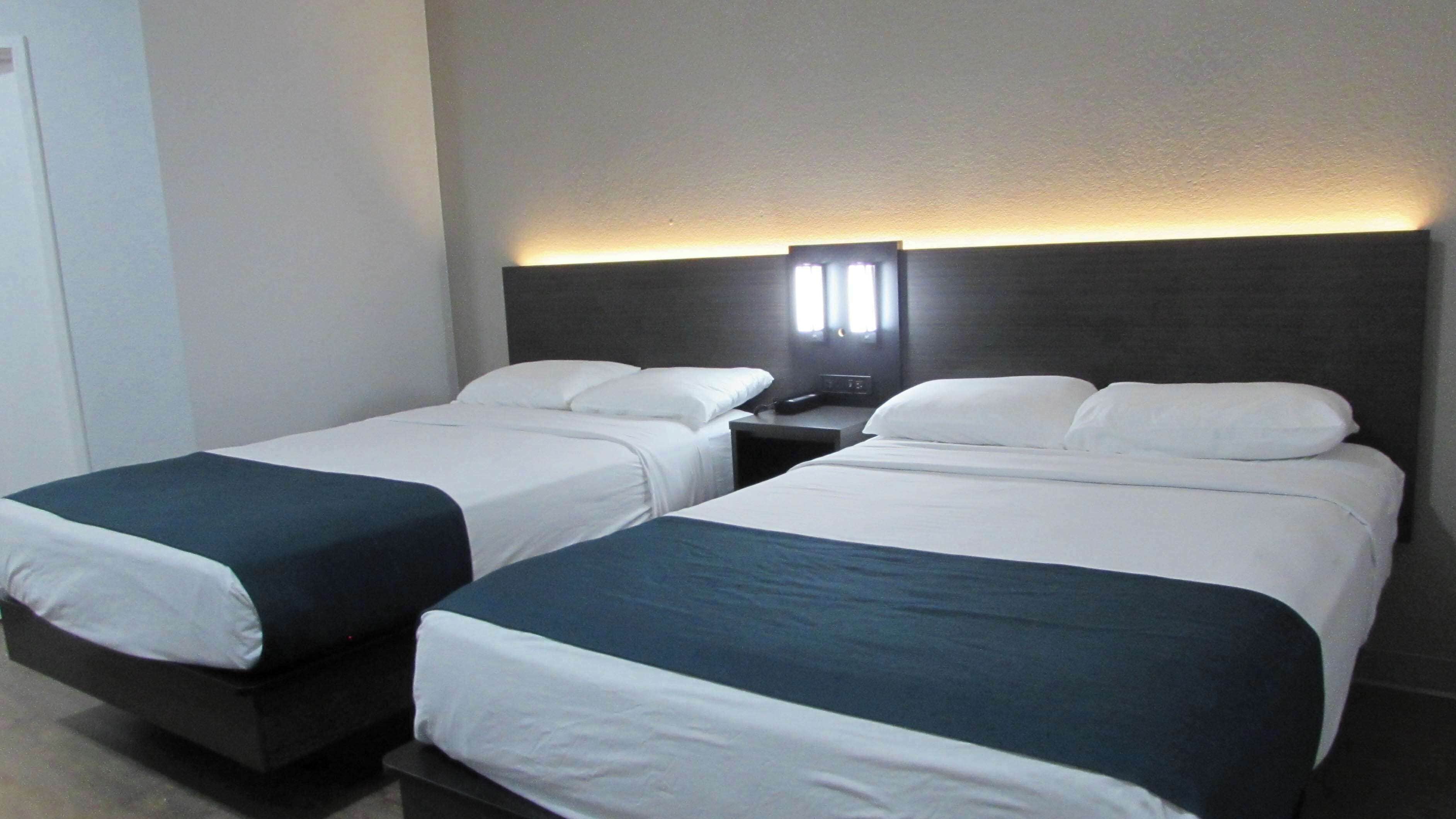 A hotel room with two beds, each with white bedding and dark headboards. There is a nightstand with a lamp between the beds.