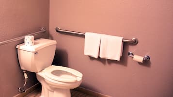 A bathroom with a white toilet, a handrail, and two towels on a rack.