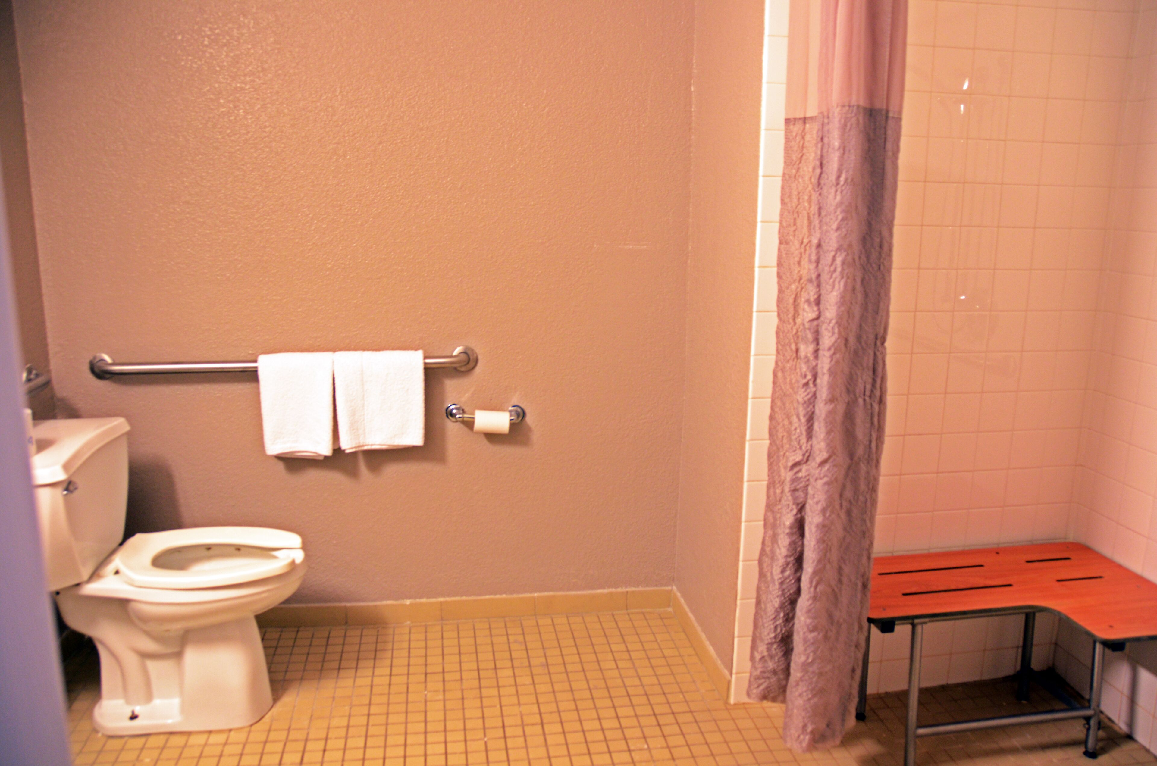 A bathroom with a toilet, a towel rack, a shower curtain, and a bench.