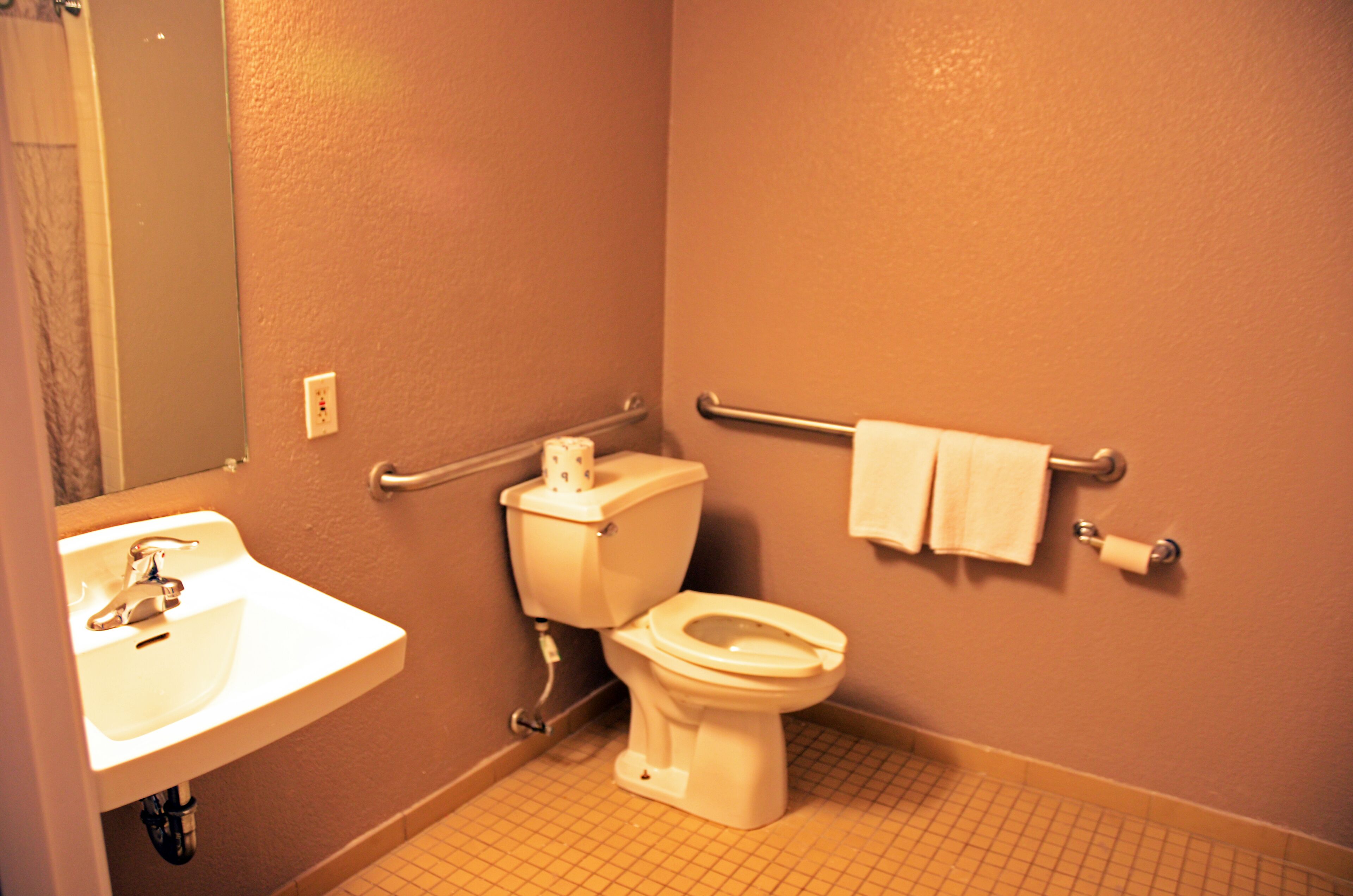 Baño con lavamanos, inodoro y barandilla.
