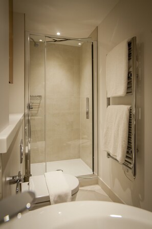Shower, hair dryer, towels