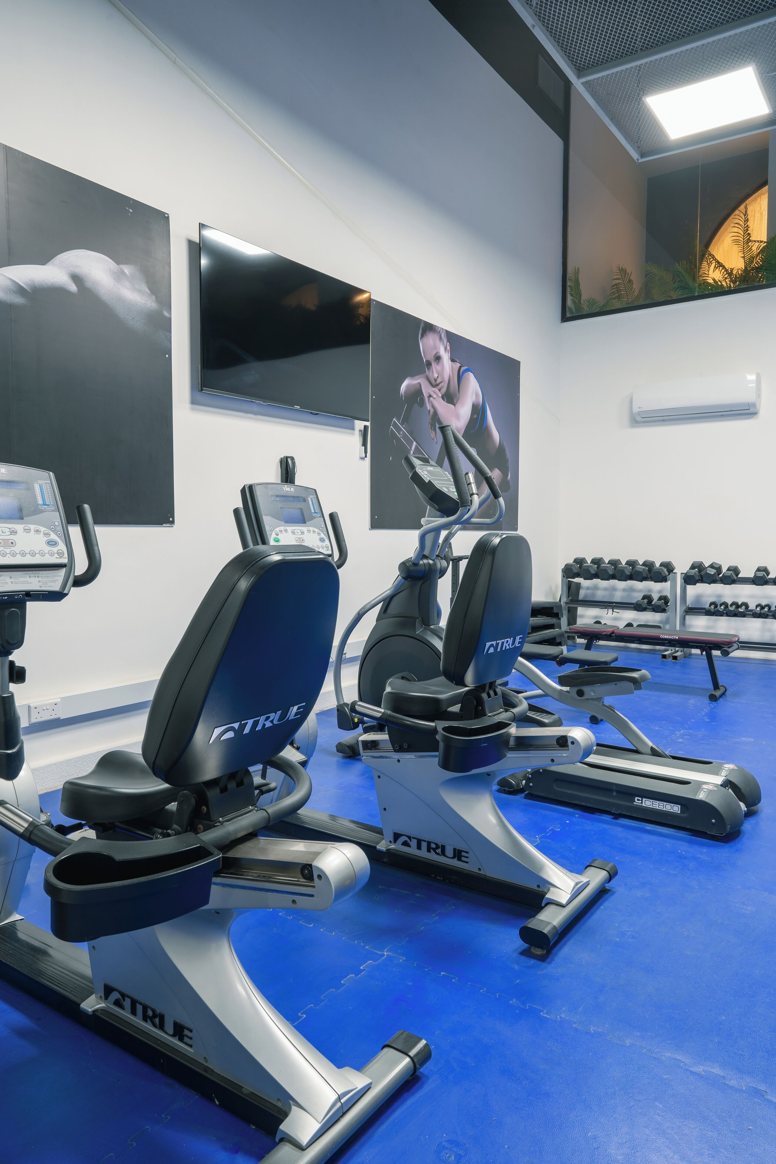 Uma academia com equipamentos de exercício, incluindo esteiras e halteres, e um espelho grande.