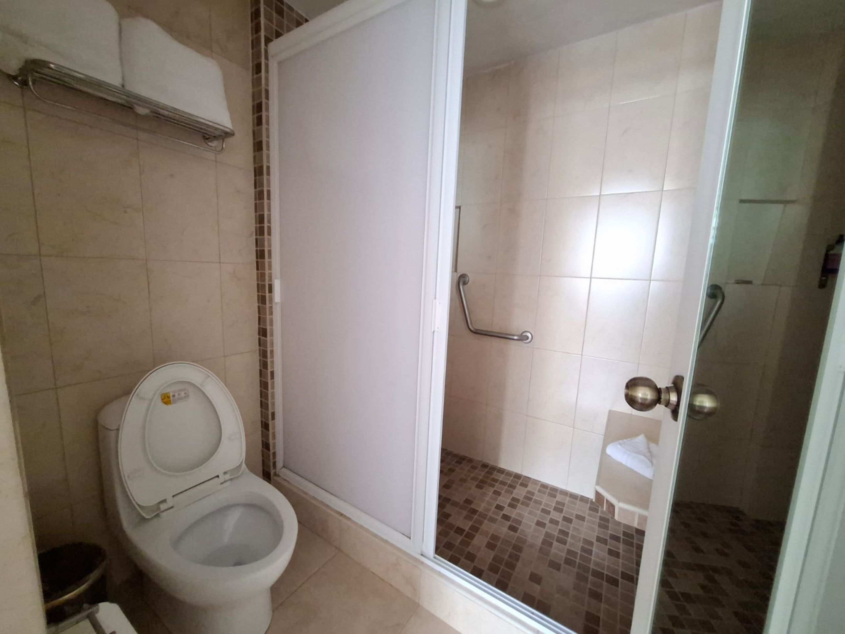 A bathroom with a toilet, a shower enclosure, and a sink.