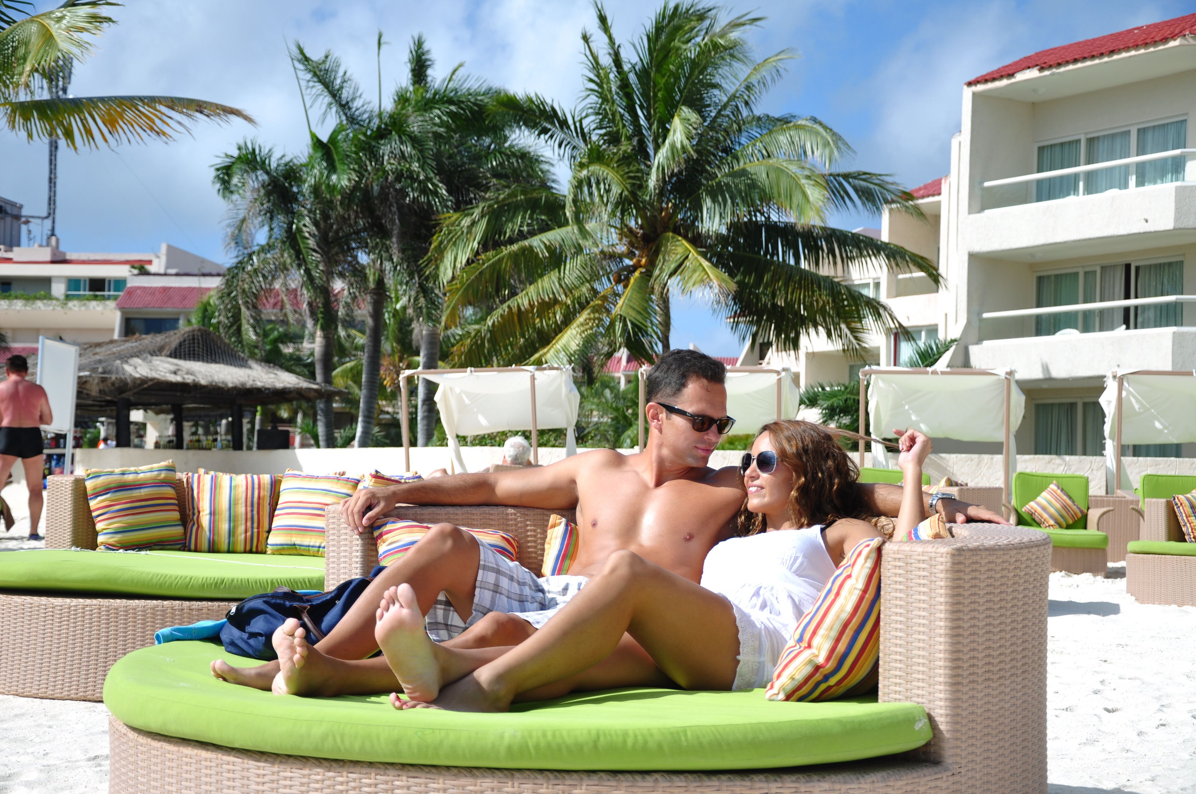 On the beach, sun loungers, beach umbrellas, beach towels