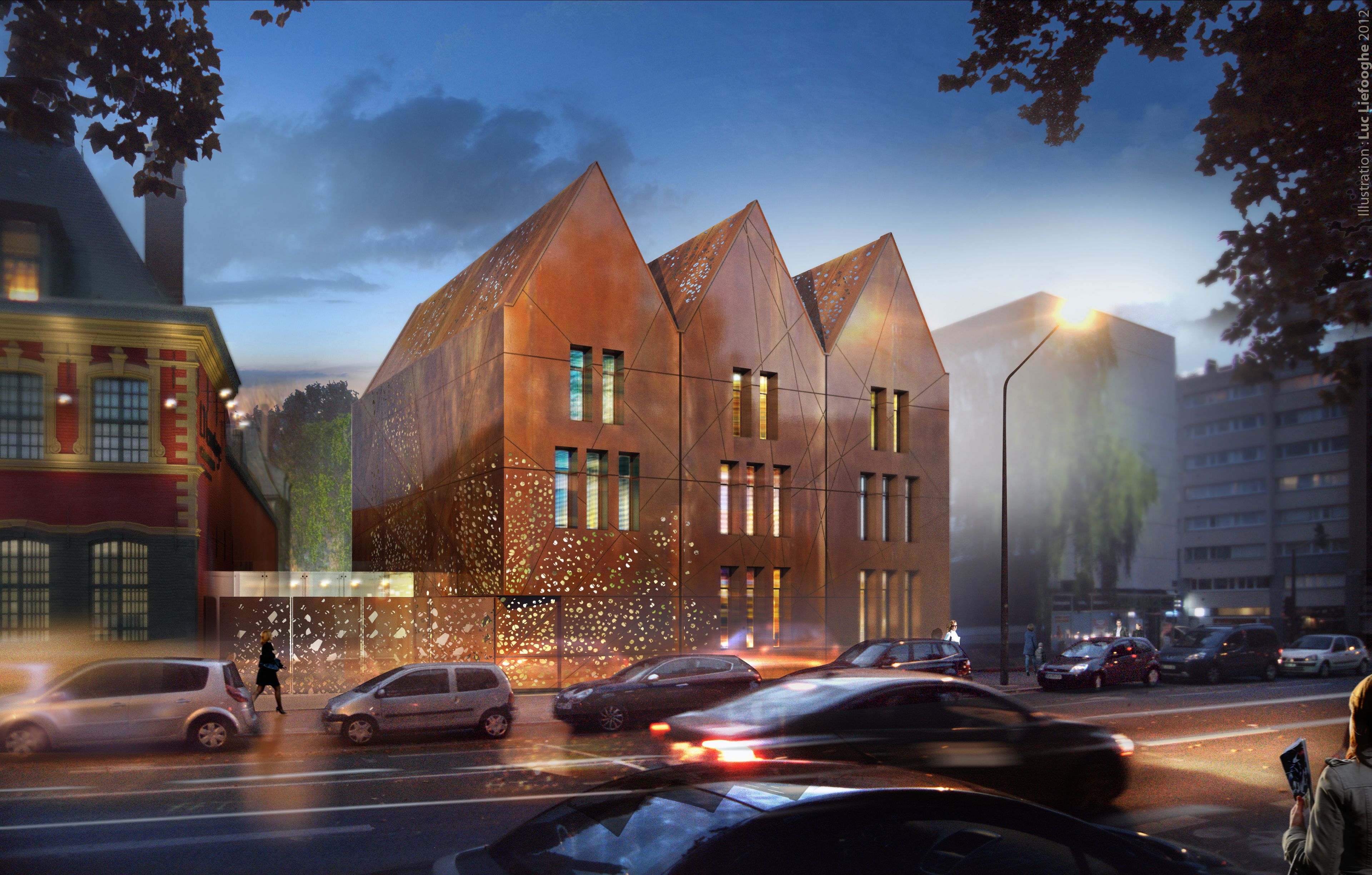 A modern building with a unique triangular roof design, large windows, and a street view with cars and pedestrians.