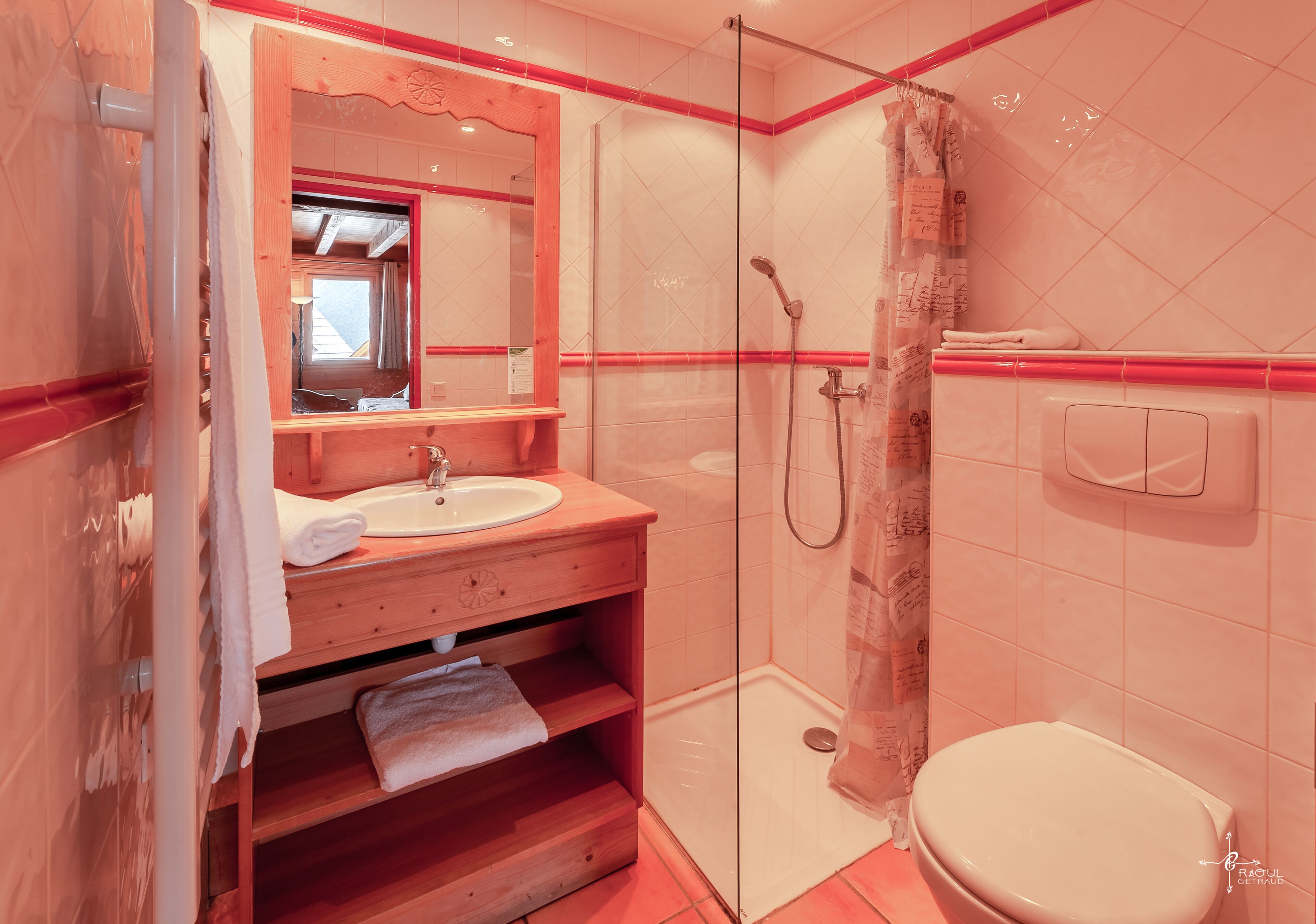 Une salle de bain avec un meuble-lavabo en bois, une cabine de douche en verre et des toilettes.