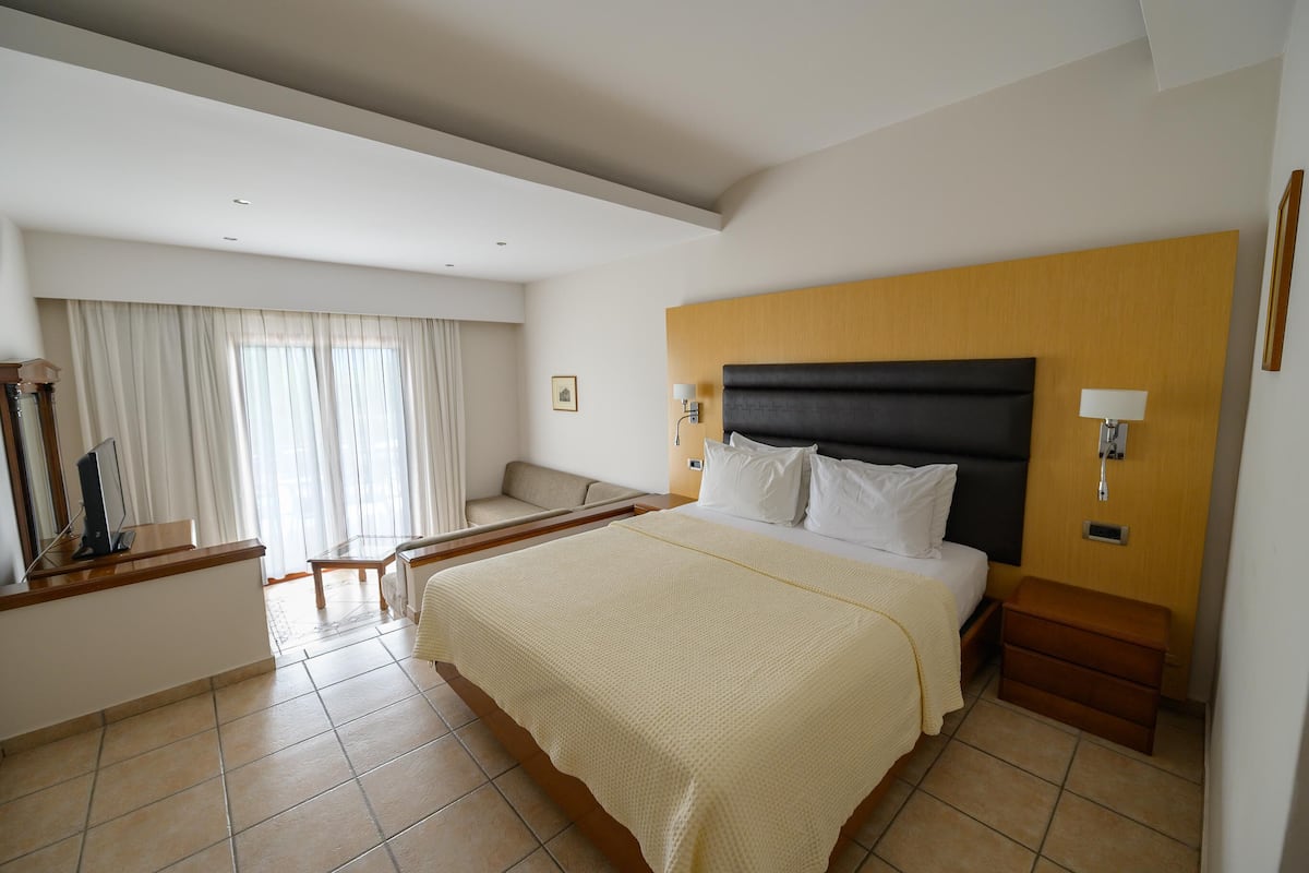 Una habitación de hotel con una cama grande, un escritorio, una silla y un sofá.