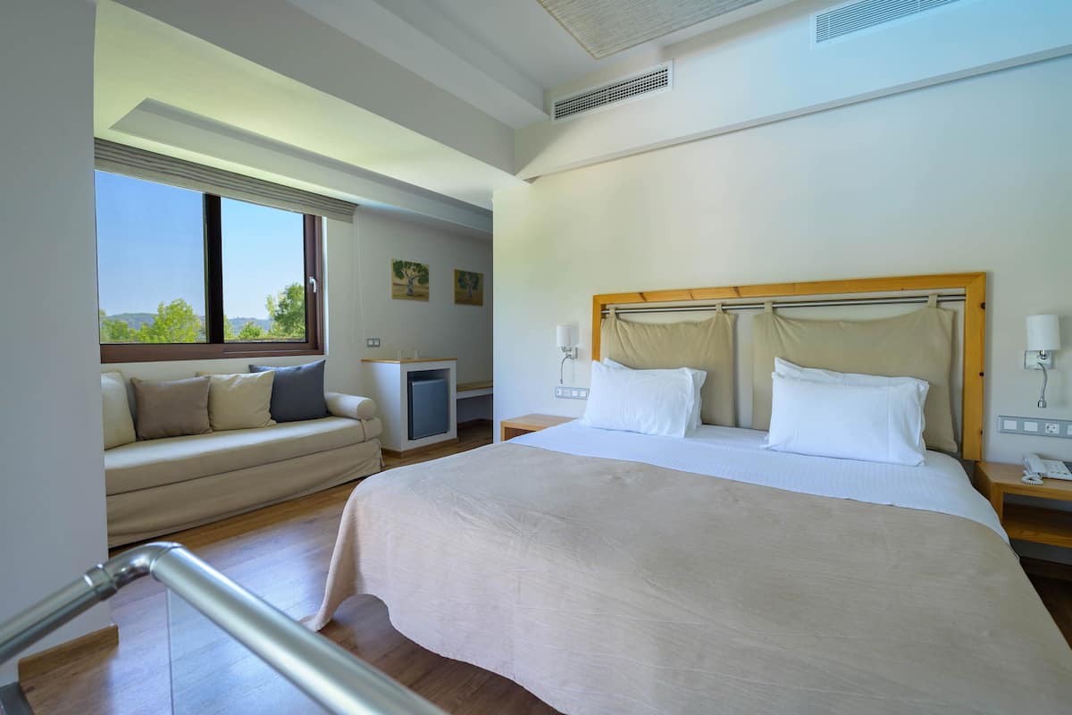 Habitación de hotel con cama, sofá, televisor pequeño y ventana con vistas a árboles.
