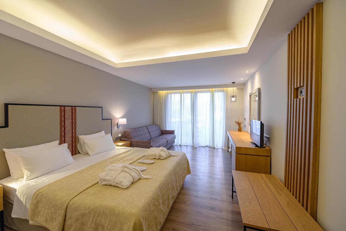 Habitación de hotel con una cama grande, un sofá, un escritorio con televisor y un panel de madera en la pared.