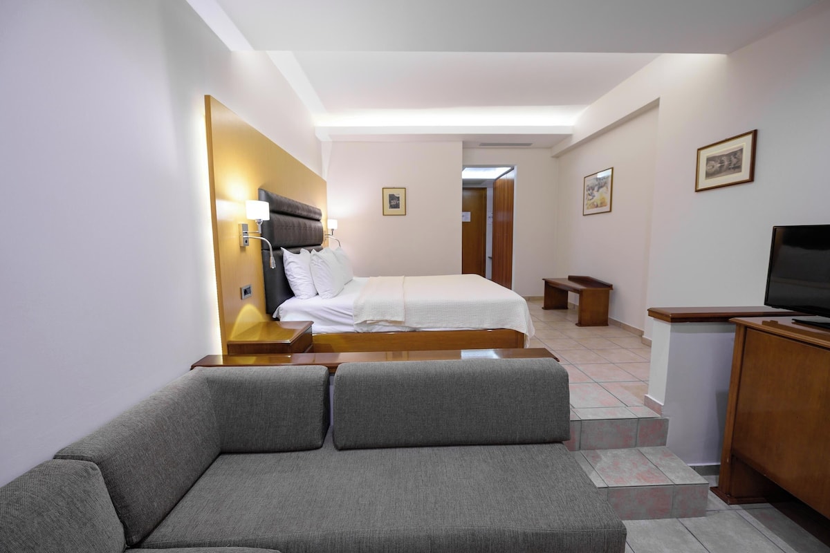 A hotel room with a bed, a sofa, a TV, and a desk.