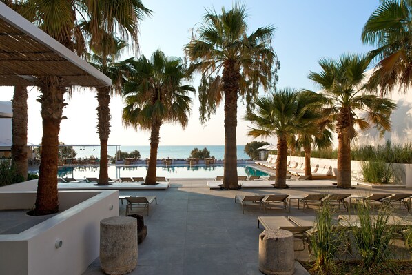 Piscine extérieure, parasols, chaises longues