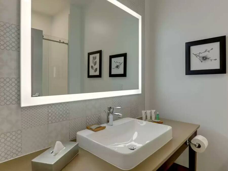 A modern bathroom with a large mirror, a white sink, and two framed pictures on the wall.