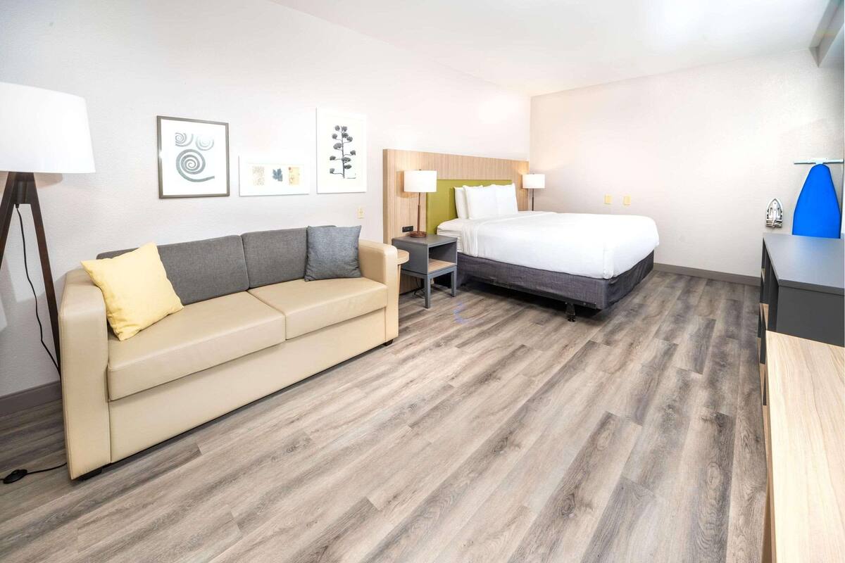 A hotel room with a bed, a sofa, a desk, and a lamp.