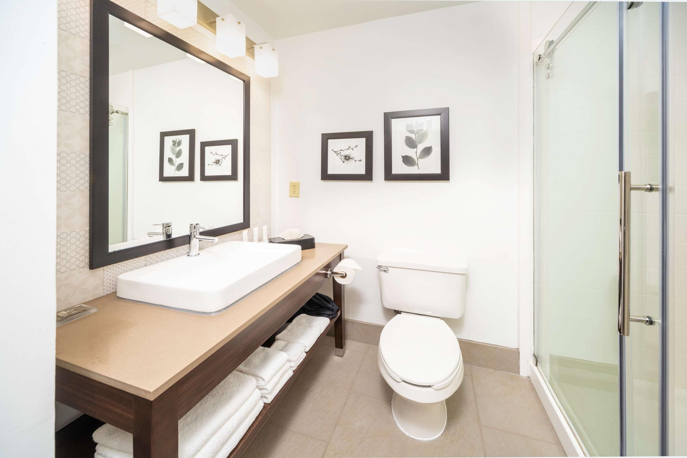 A modern bathroom with a large mirror, white sink, toilet, and a glass shower enclosure.