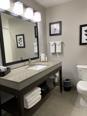 Combined shower/bathtub, free toiletries, hair dryer, towels