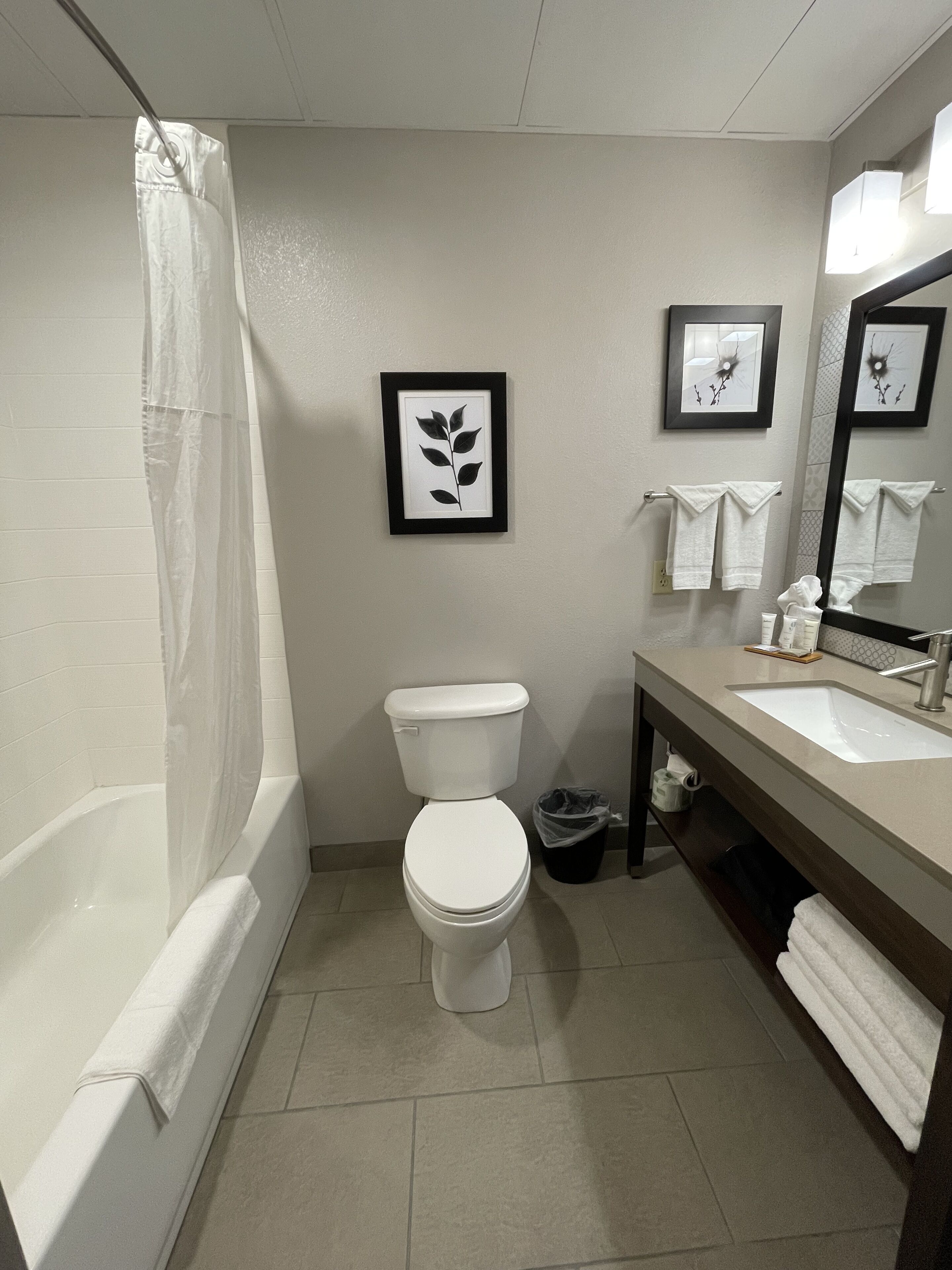 Une salle de bain équipée d’une baignoire, de toilettes, d’un lavabo et d’une œuvre d’art représentant une feuille, encadrée et accrochée au mur.