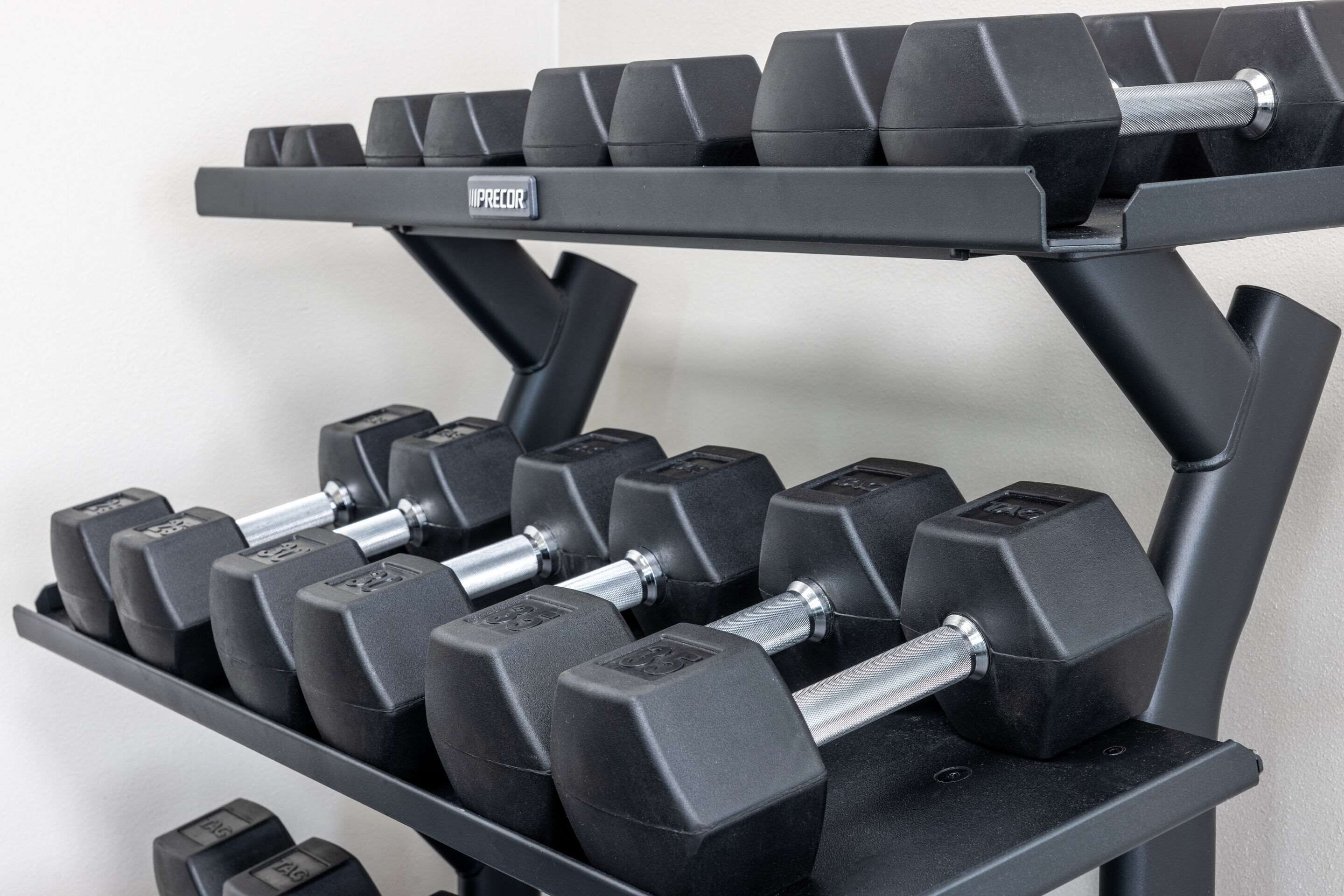A set of black dumbbells on a rack with a label that reads "PRECOR".