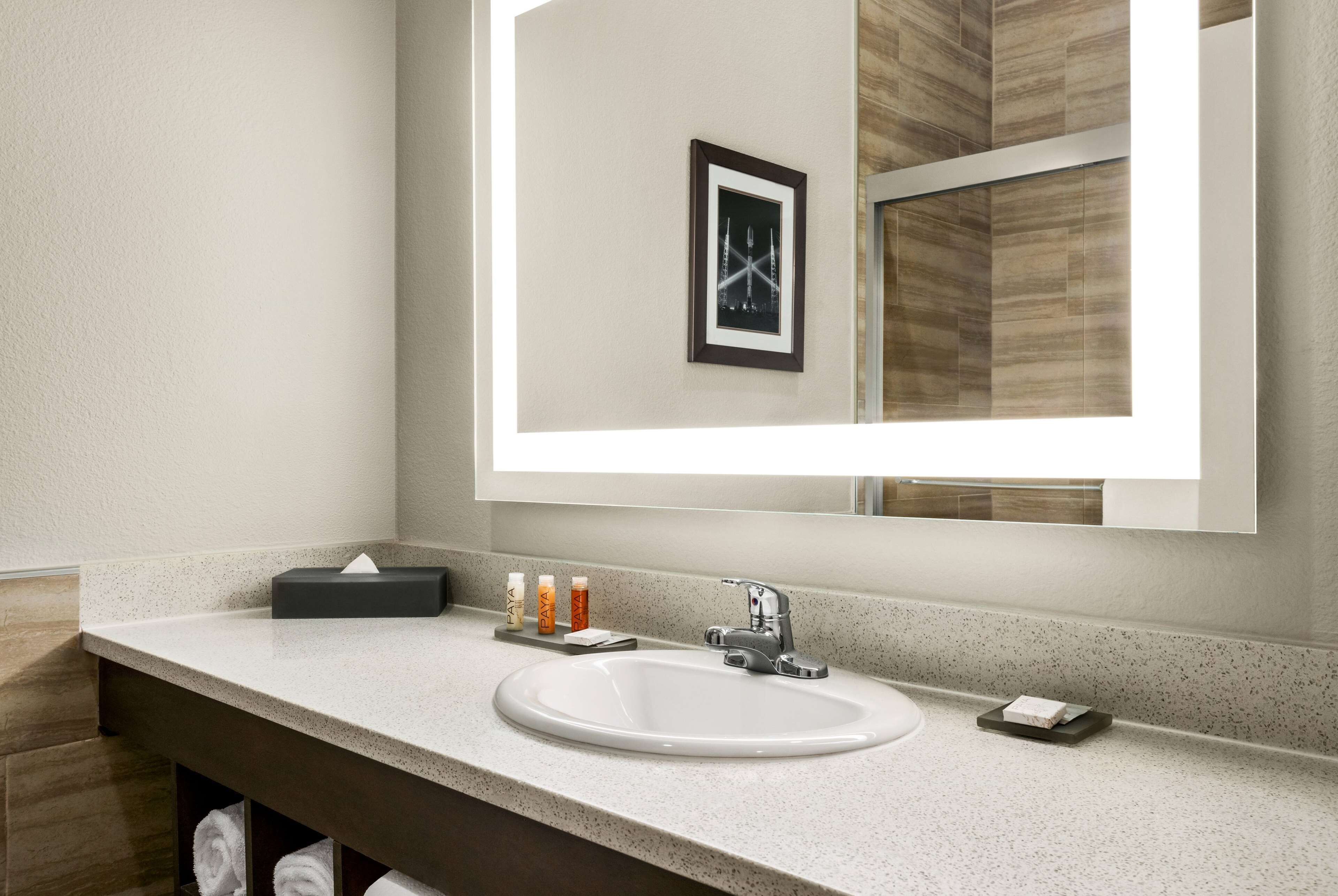 Un baño moderno con un lavamanos blanco, un espejo grande y un cuadro enmarcado sobre el espejo.