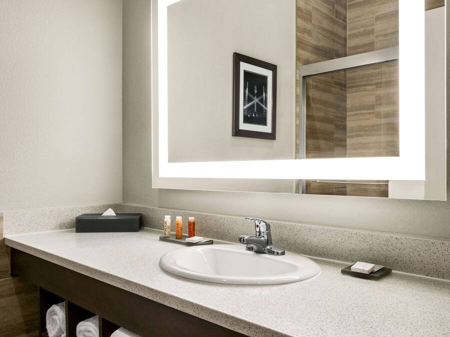 Un baño moderno con un lavamanos blanco, un espejo grande y un cuadro enmarcado sobre el espejo.