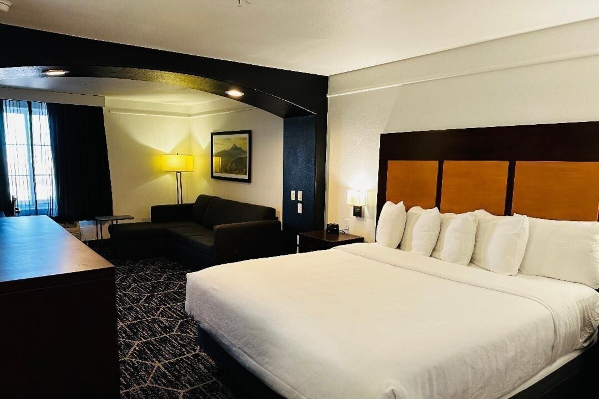A hotel room with a large bed, a desk, a sofa, and a lamp.