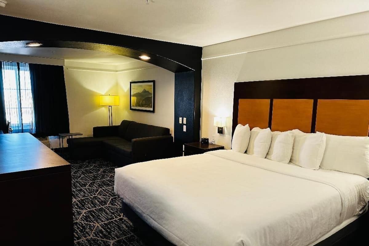 A hotel room with a large bed, a desk, a sofa, and a lamp.