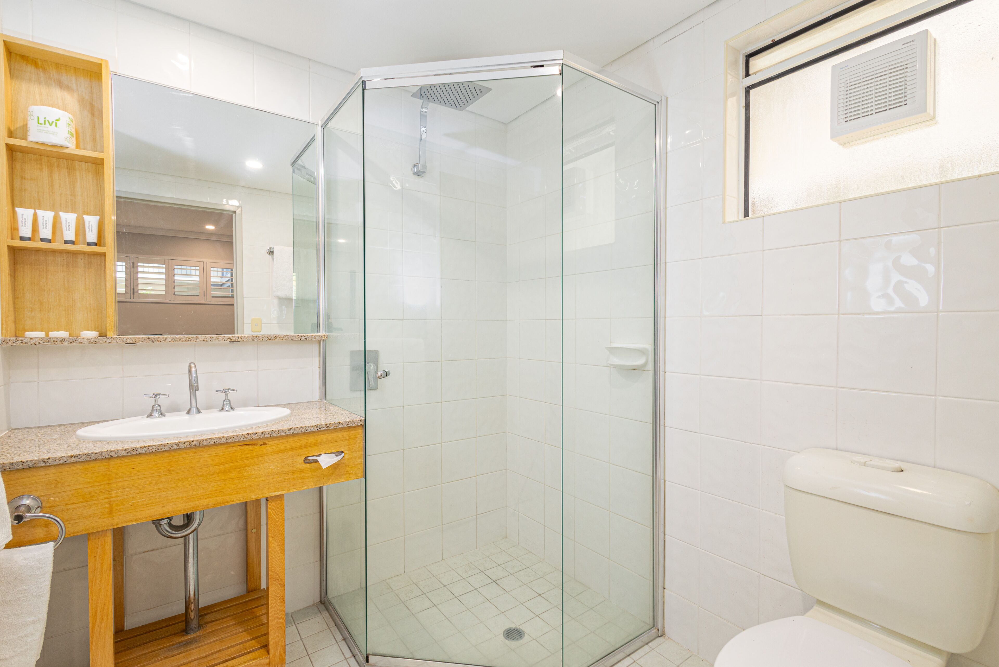 Une salle de bain avec une douche à parois de verre, un meuble-lavabo en bois et des toilettes.