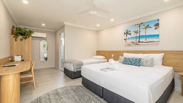 1 bedroom, desk, laptop workspace, bed sheets