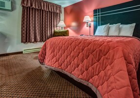 Habitación de hotel con una cama grande, alfombra estampada, ventana con cortinas y aire acondicionado de pared.