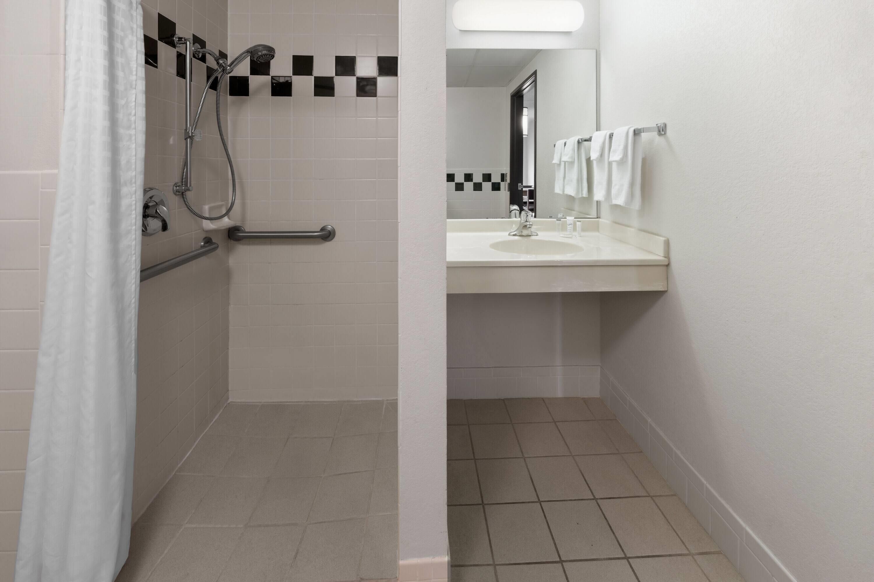 A bathroom with a shower, a sink, and a mirror.