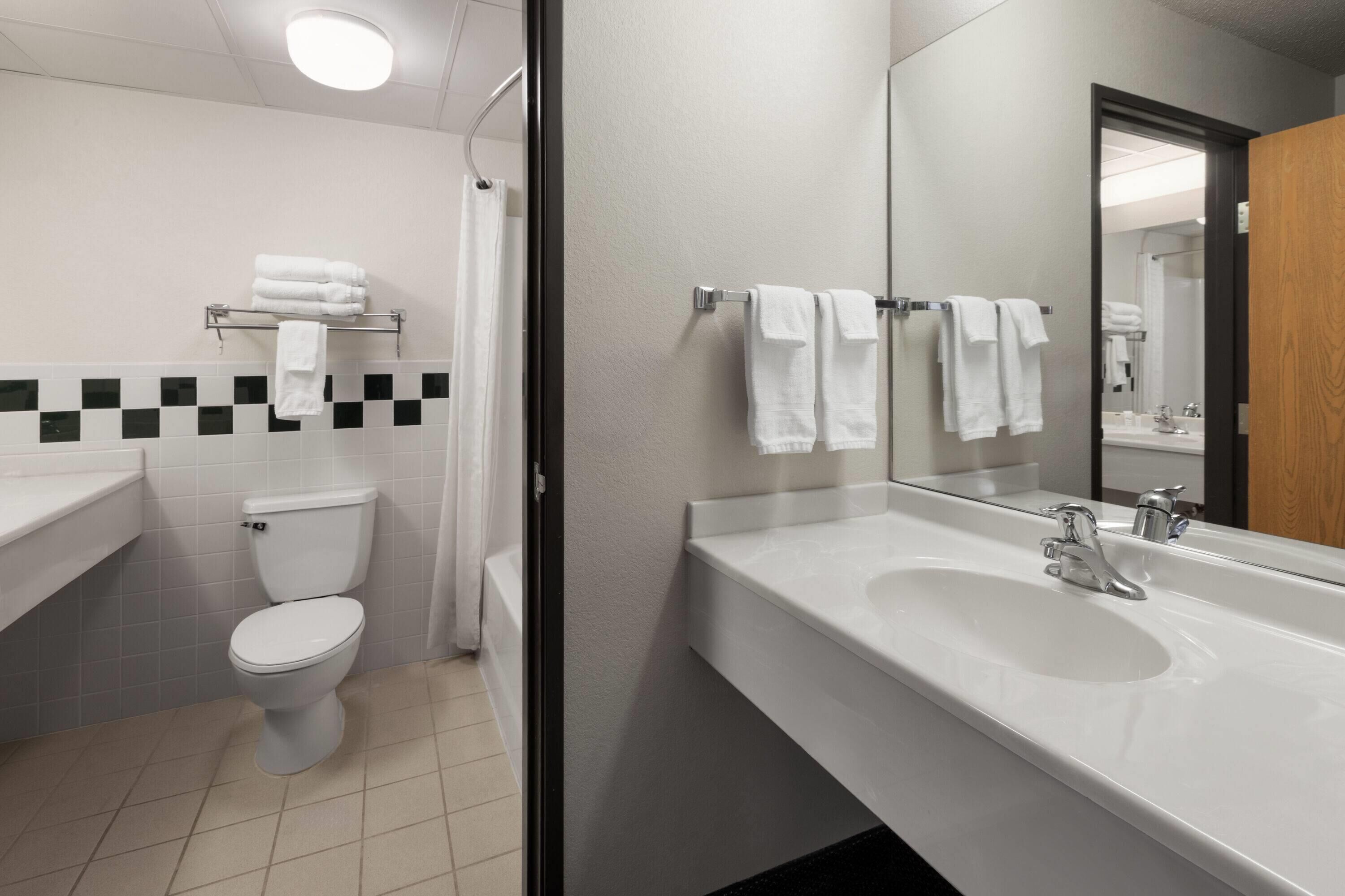 A modern bathroom with a toilet, sink, and mirror.