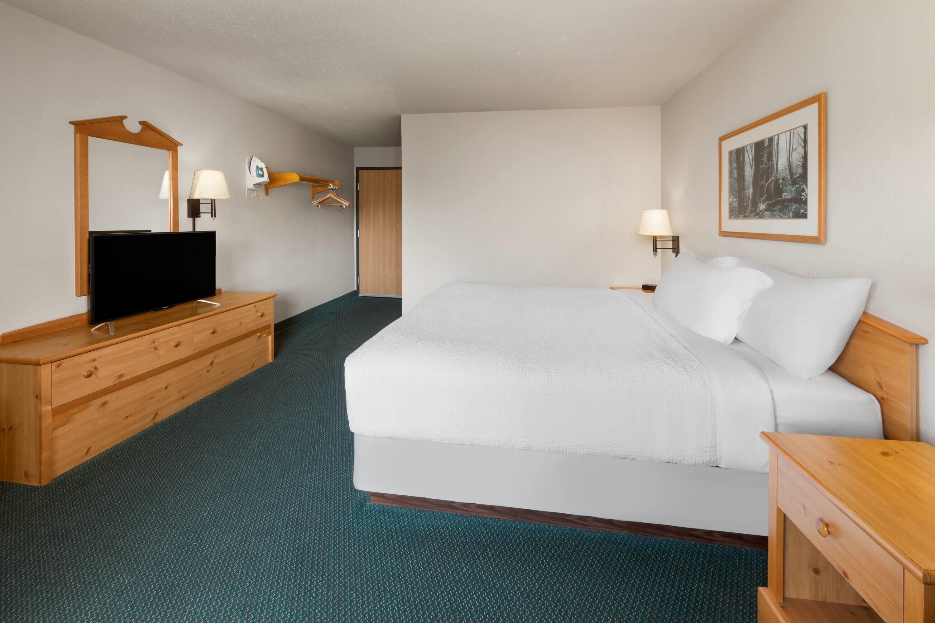 Una habitación de hotel con cama, cómoda de madera, televisor, espejo y un cuadro en la pared.
