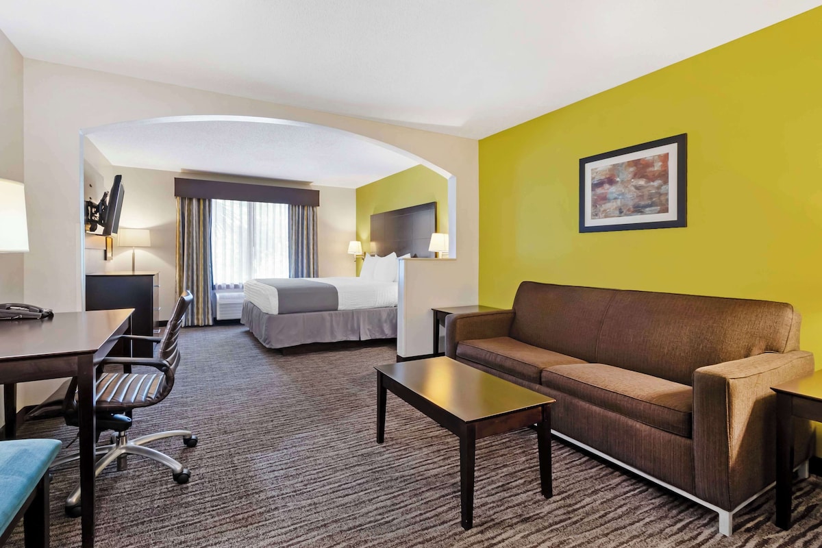 Une chambre d’hôtel avec un lit, un canapé, un bureau et une chaise.