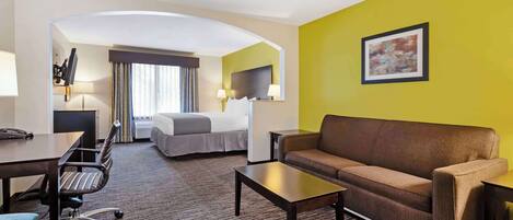 A hotel room with a bed, a sofa, a desk, and a chair.