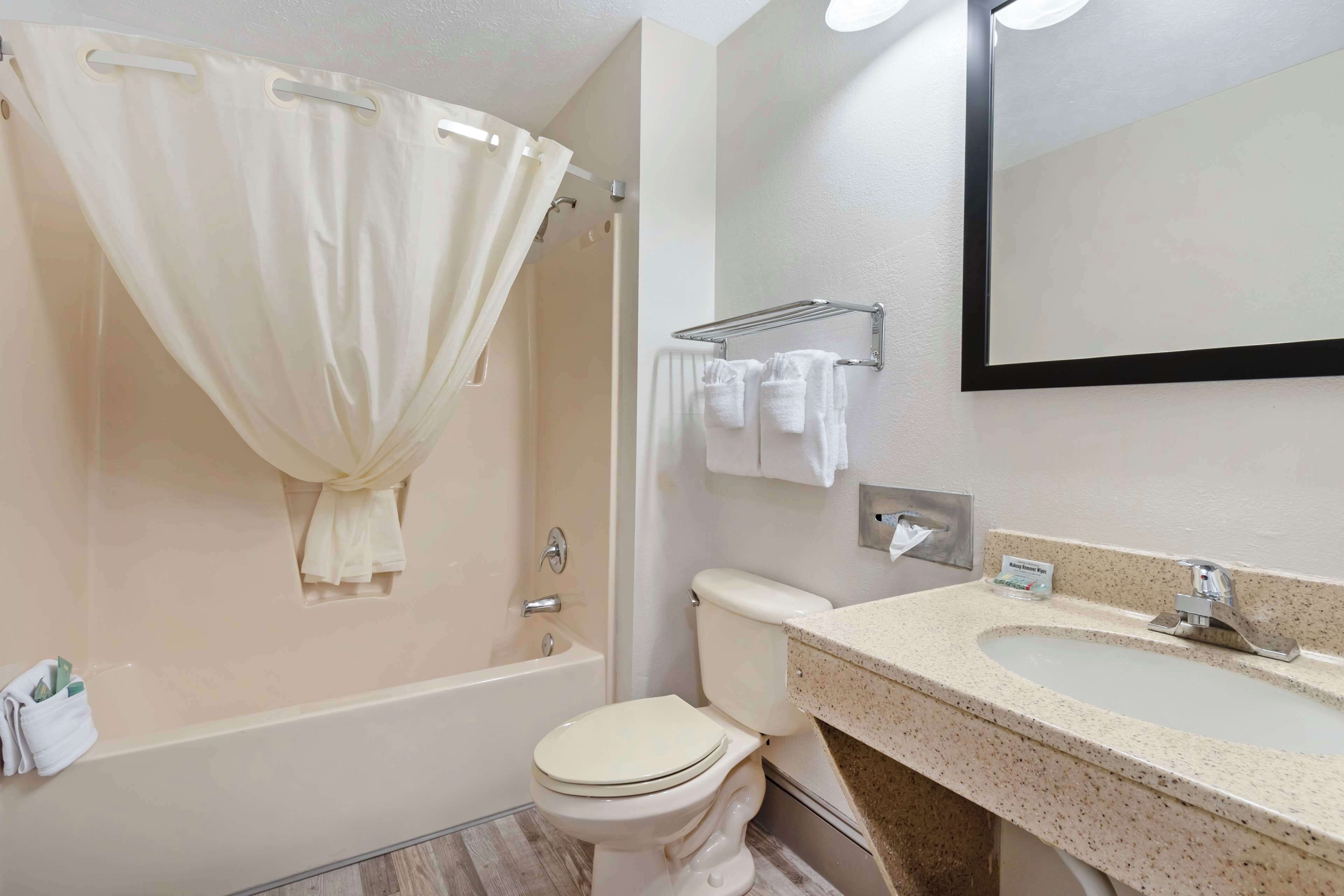 standard room, 1 queen bed, non smoking, refrigerator & microwave (small room) | bathroom | combined shower/bathtub, free toiletries, hair dryer, towels