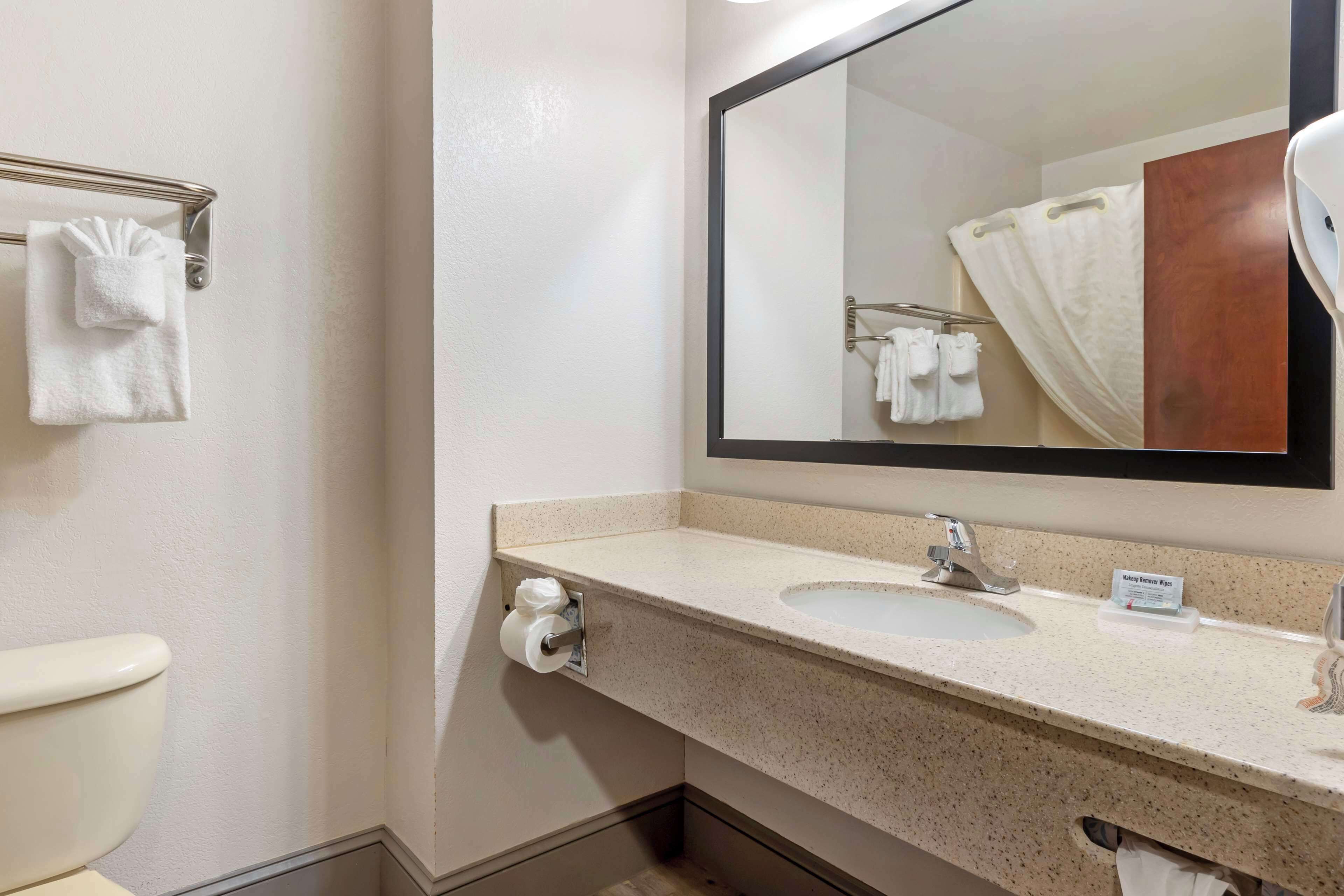 combined shower/bathtub, free toiletries, hair dryer, towels