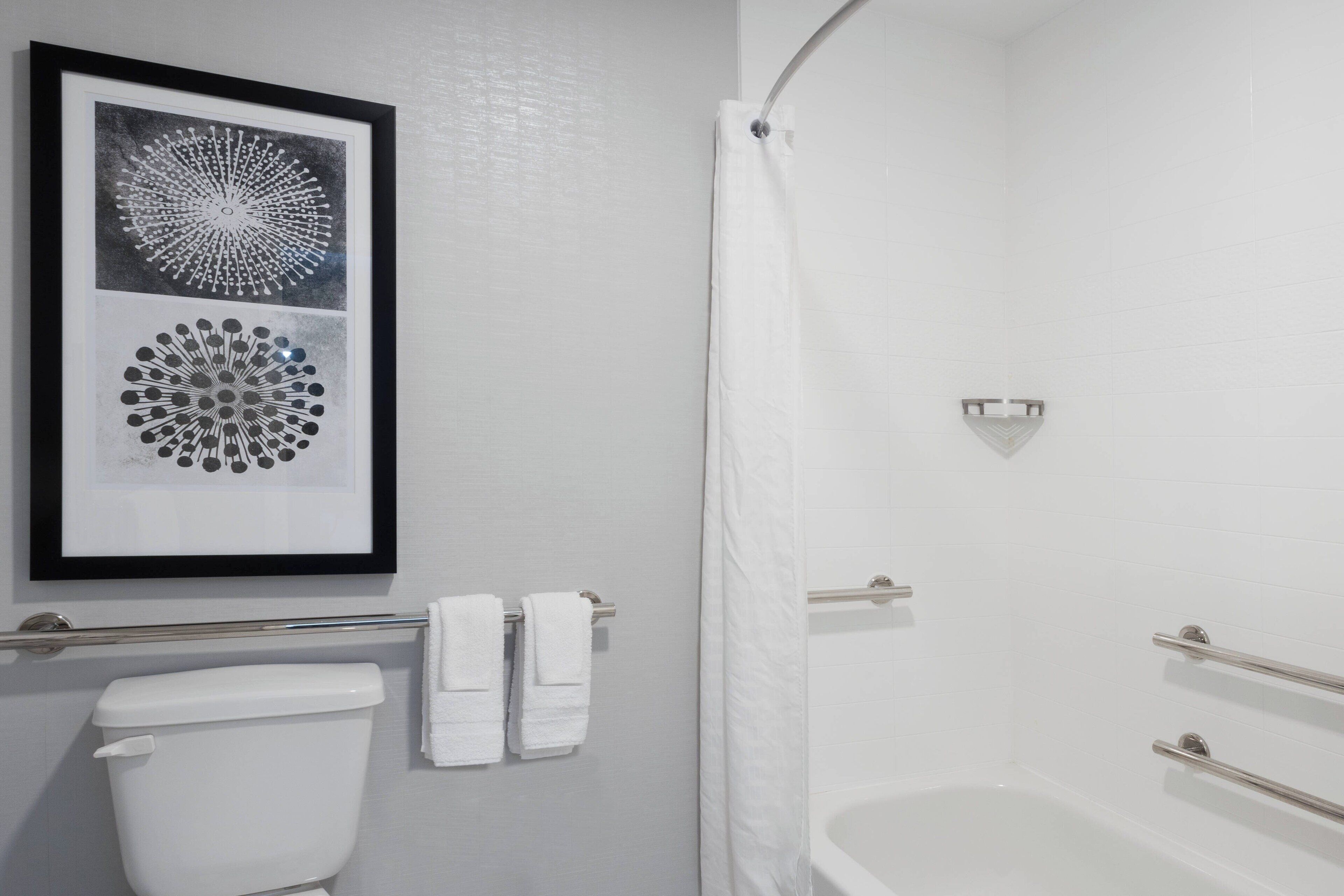 A bathroom with a toilet, a bathtub, and a shower curtain. There are framed pictures on the wall.