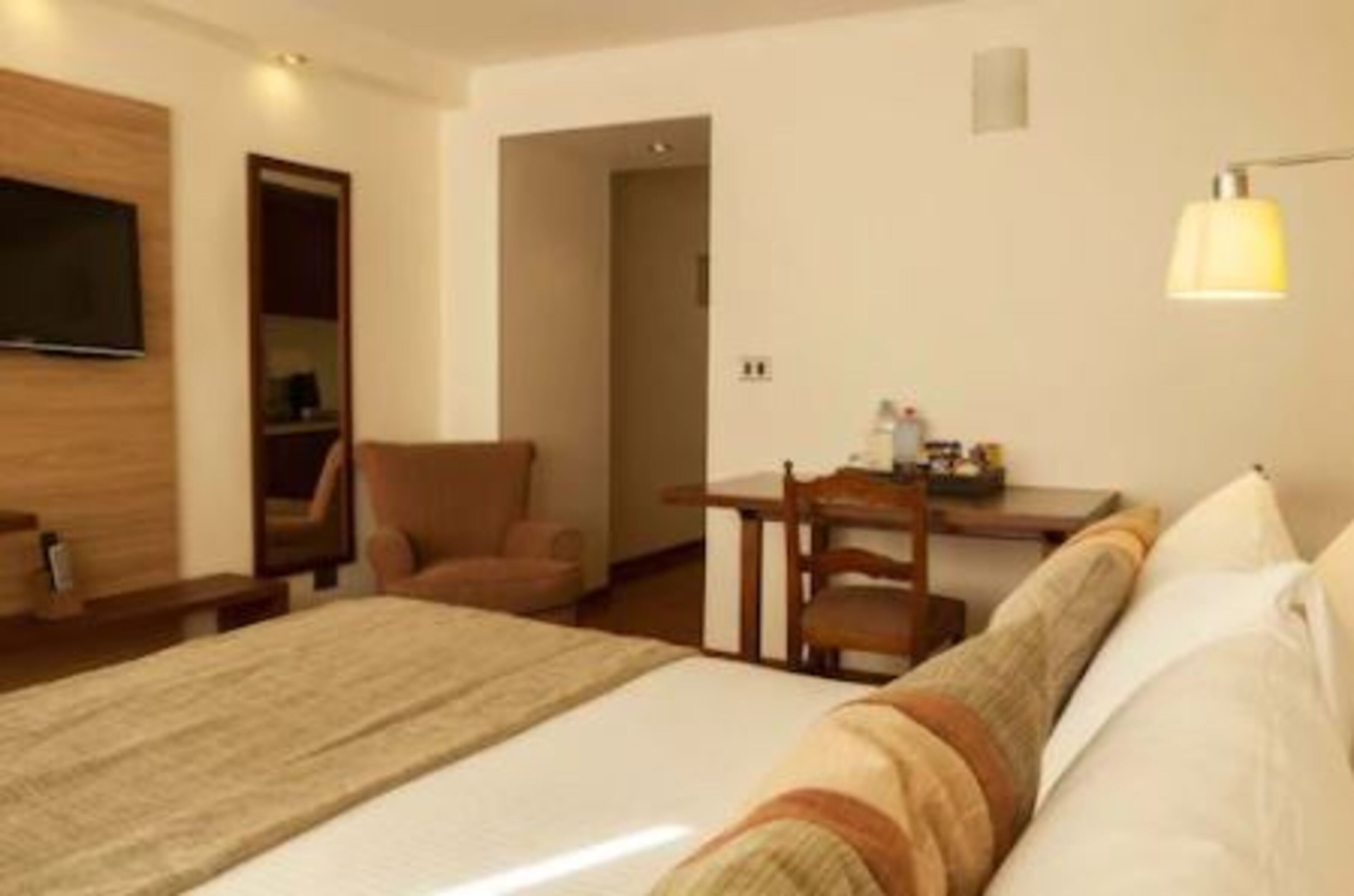 A hotel room with a bed, a desk, a chair, a television, and a lamp.
